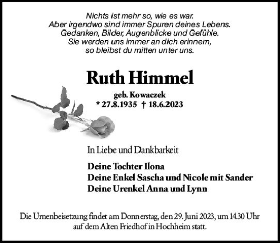 Traueranzeige von Ruth Himmel von Hochheimer Zeitung