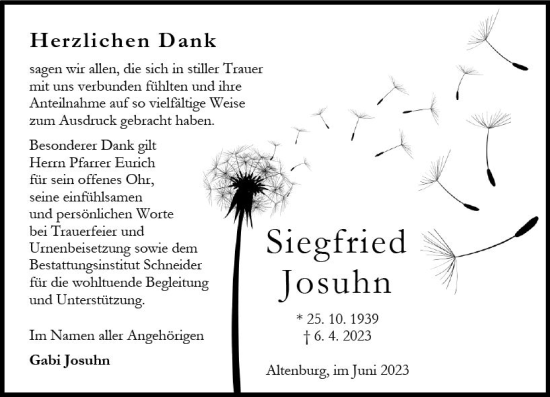 Traueranzeige von Siegfried Josuhn von Oberhessen Kurier