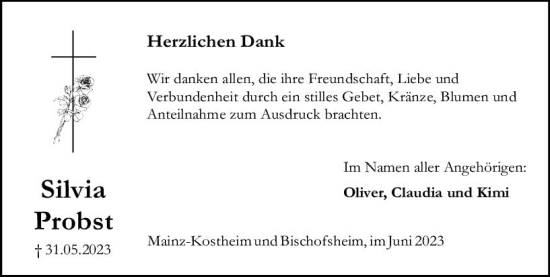 Traueranzeige von Silvia Probst von Allgemeine Zeitung Mainz