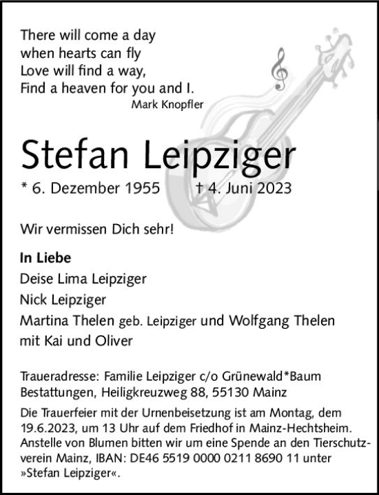 Traueranzeige von Stefan Leipziger von Allgemeine Zeitung Mainz