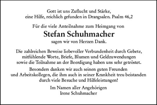 Traueranzeige von Stefan Schuhmacher von Dill Block