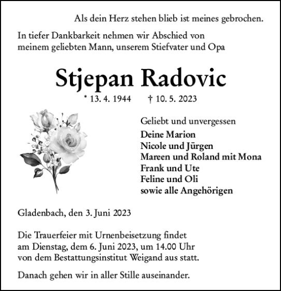 Traueranzeige von Stjepan Radovic von Hinterländer Anzeiger