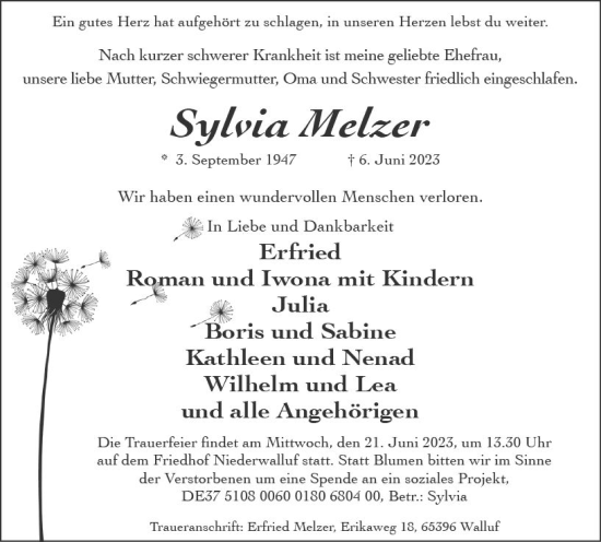 Traueranzeige von Sylvia Melzer von Wiesbadener Kurier