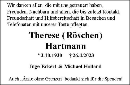 Traueranzeige von Therese Hartmann von Allgemeine Zeitung Mainz