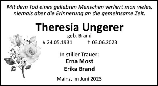 Traueranzeige von Theresia Ungerer von Allgemeine Zeitung Mainz