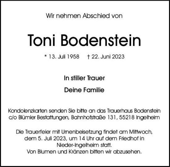 Traueranzeige von Toni Bodenstein von Allgemeine Zeitung Bingen/Ingelheim
