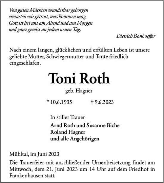 Traueranzeige von Toni Roth von Darmstädter Echo
