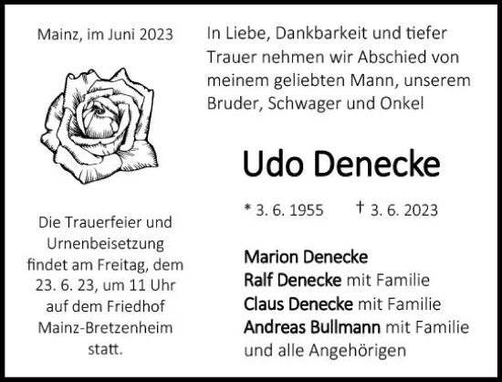 Traueranzeige von Udo Denecke von Allgemeine Zeitung Mainz