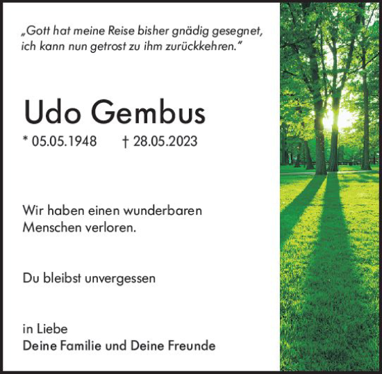 Traueranzeige von Udo Gembus von Darmstädter Echo