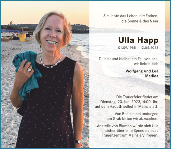 Traueranzeige von Ulla Happ von Allgemeine Zeitung Mainz