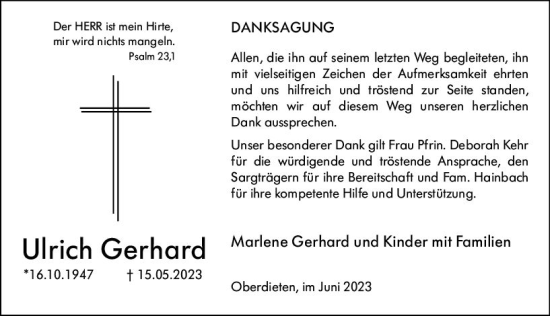 Traueranzeige von Ulrich Gerhard von Hinterländer Anzeiger
