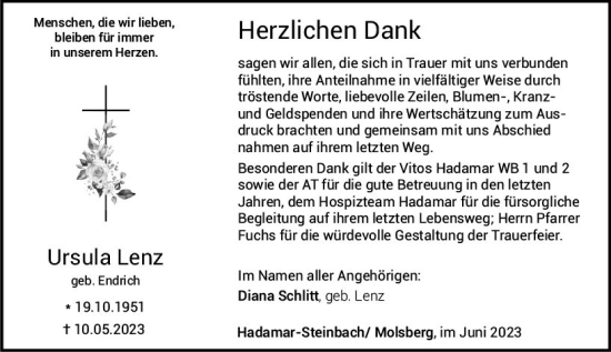 Traueranzeige von Ursula Lenz von Nassauische Neue Presse