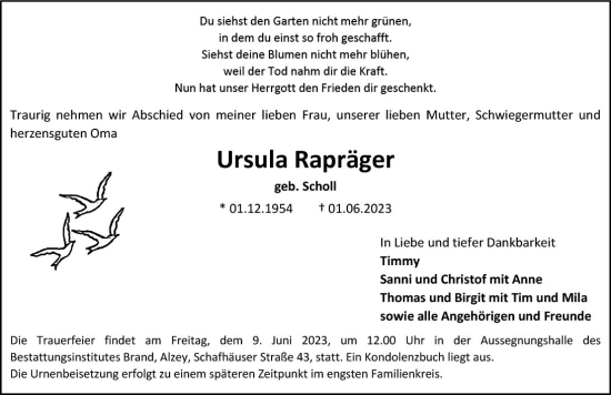 Traueranzeige von Ursula Rapräger von Allgemeine Zeitung Alzey