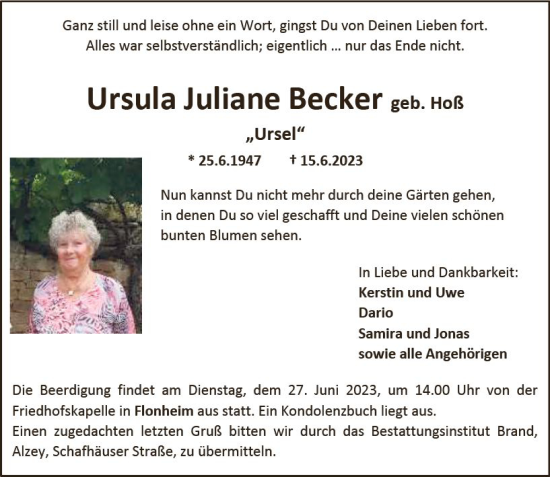 Traueranzeige von Ursula Juliane Becker von Allgemeine Zeitung Alzey