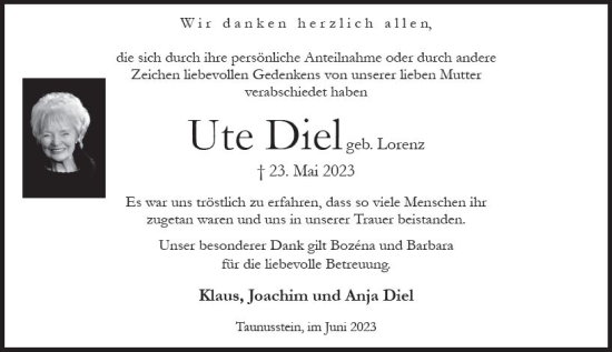 Traueranzeige von Ute Diel von Wiesbadener Kurier