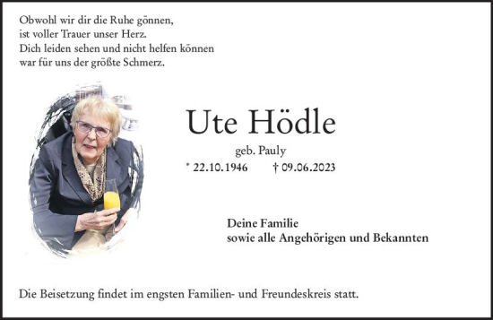 Traueranzeige von Ute Hödle von Wormser Zeitung