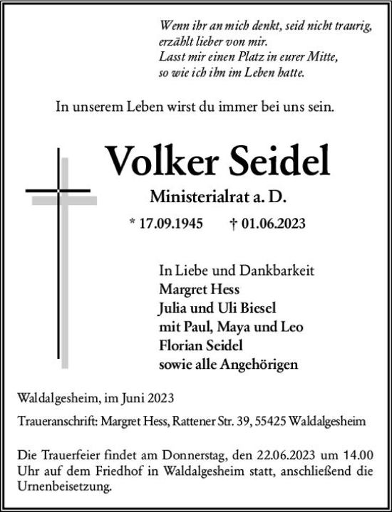 Traueranzeige von Volker Seidel von Allgemeine Zeitung Bingen/Ingelheim