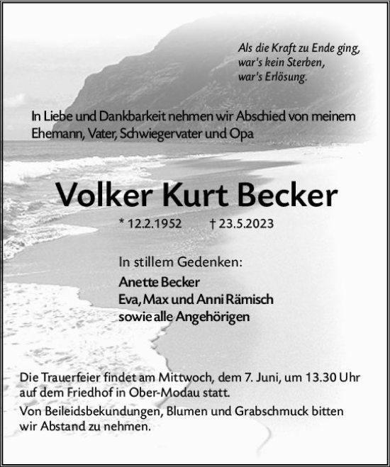 Traueranzeige von Volker Kurt Becker von Darmstädter Echo