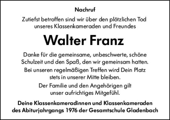 Traueranzeige von Walter Franz von Hinterländer Anzeiger