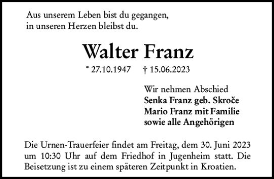 Traueranzeige von Walter Franz von Darmstädter Echo