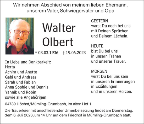 Traueranzeige von Walter Olbert von Odenwälder Echo