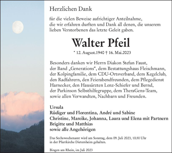Traueranzeige von Walter Pfeil von Allgemeine Zeitung Bingen/Ingelheim