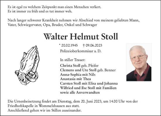Traueranzeige von Walter Helmut Stoll von Hinterländer Anzeiger