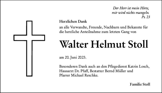 Traueranzeige von Walter Helmut Stoll von Hinterländer Anzeiger