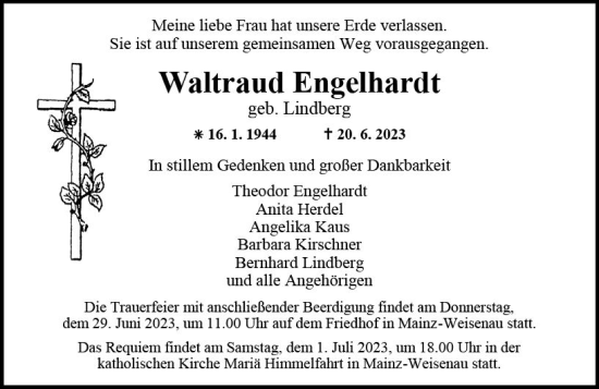Traueranzeige von Waltraud Engelhardt von Allgemeine Zeitung Mainz