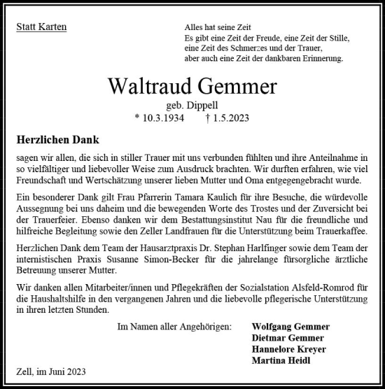 Traueranzeige von Waltraud Gemmer von Oberhessen Kurier