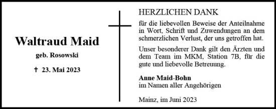 Traueranzeige von Waltraud Maid von Allgemeine Zeitung Mainz