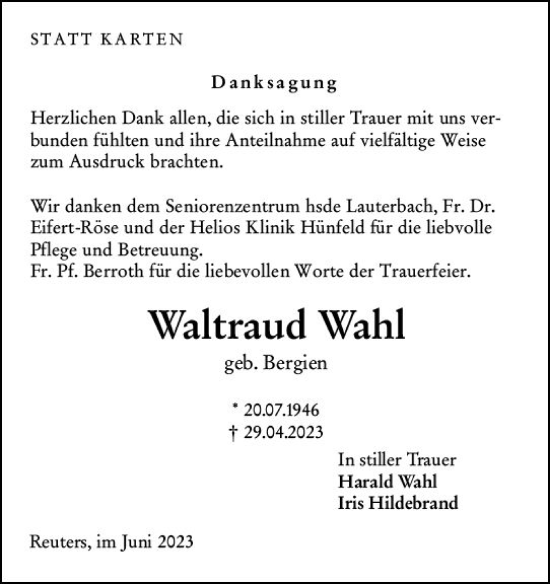 Traueranzeige von Waltraud Wahl von Oberhessen Kurier