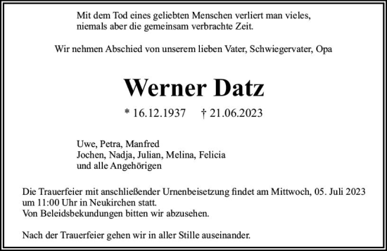 Traueranzeige von Werner Datz von Wetzlarer Neue Zeitung