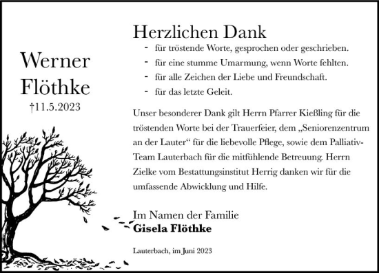 Traueranzeige von Werner Flöthke von Oberhessen Kurier
