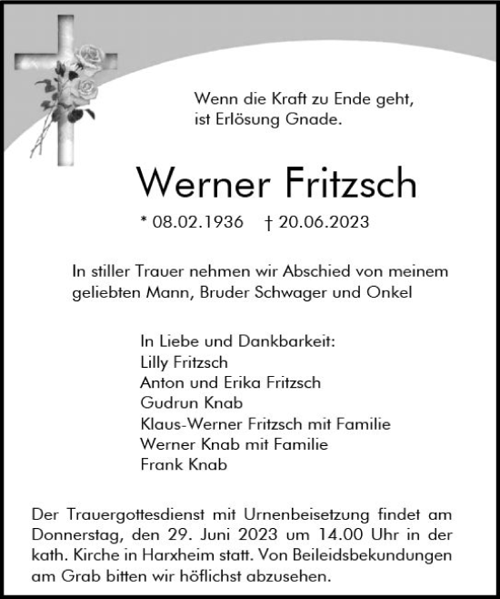 Traueranzeige von Werner Fritzsch von Allgemeine Zeitung Mainz