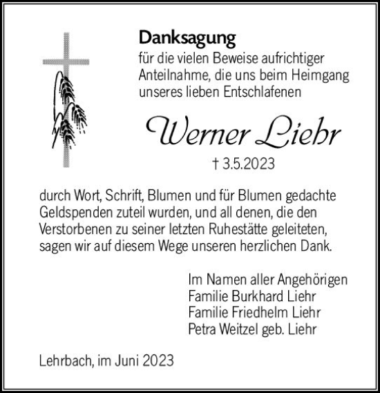 Traueranzeige von Werner Liehr von VRM Trauer