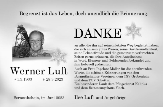 Traueranzeige von Werner Luft von Oberhessen Kurier