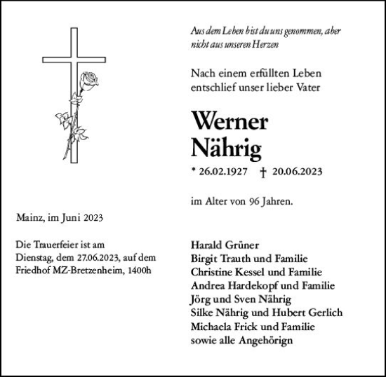 Traueranzeige von Werner Nährig von Allgemeine Zeitung Mainz
