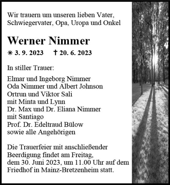 Traueranzeige von Werner Nimmer von Allgemeine Zeitung Mainz