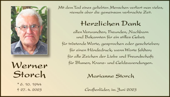 Traueranzeige von Werner Storch von VRM Trauer