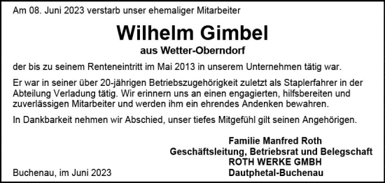 Traueranzeige von Wilhelm Gimbel von Hinterländer Anzeiger