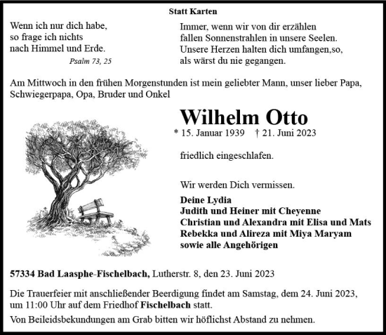 Traueranzeige von Wilhelm Otto von Hinterländer Anzeiger
