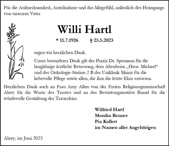 Traueranzeige von Willi Hartl von Allgemeine Zeitung Alzey