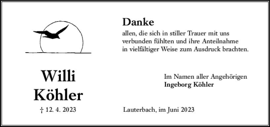 Traueranzeige von Willi Köhler von Oberhessen Kurier