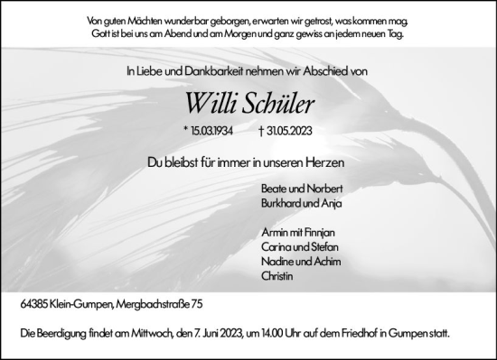 Traueranzeige von Willi Schüler von Bergsträßer Anzeiger