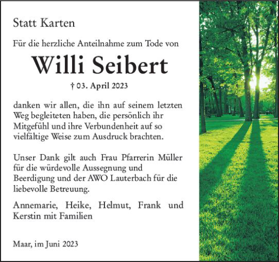Traueranzeige von Willi Seibert von VRM Trauer