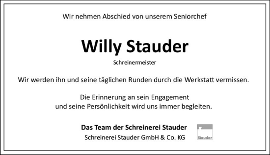 Traueranzeige von Willy Stauder von Allgemeine Zeitung Mainz
