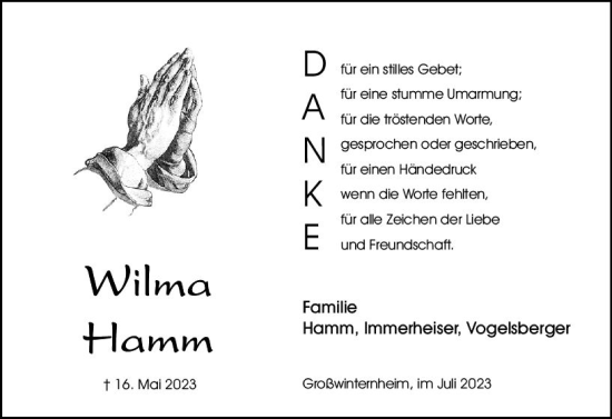 Traueranzeige von Wilma Hamm von Allgemeine Zeitung Bingen/Ingelheim