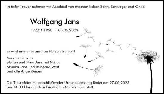 Traueranzeige von Wolfgang Jans von Allgemeine Zeitung Mainz