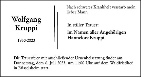 Traueranzeige von Wolfgang Kruppi von Rüsselsheimer Echo